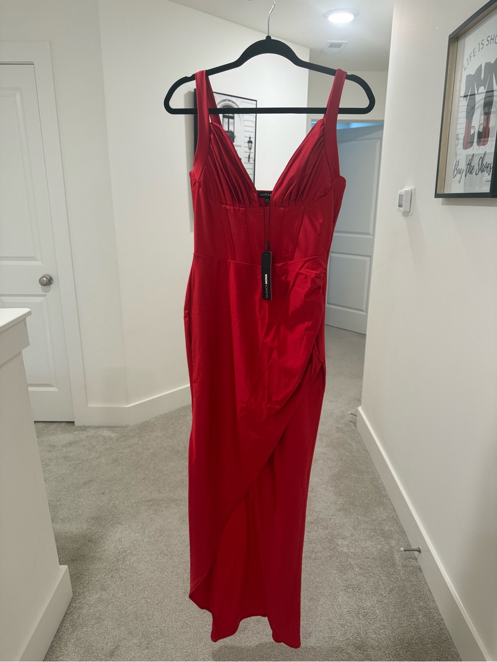 Fashion Nova Red Satin Maxi Dress with Draped Skirt